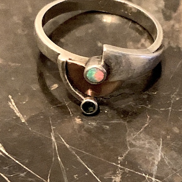 Rare Ring Design Vintage Art Deco with Opal and black stone 925 silver size 8 - Picture 4 of 6